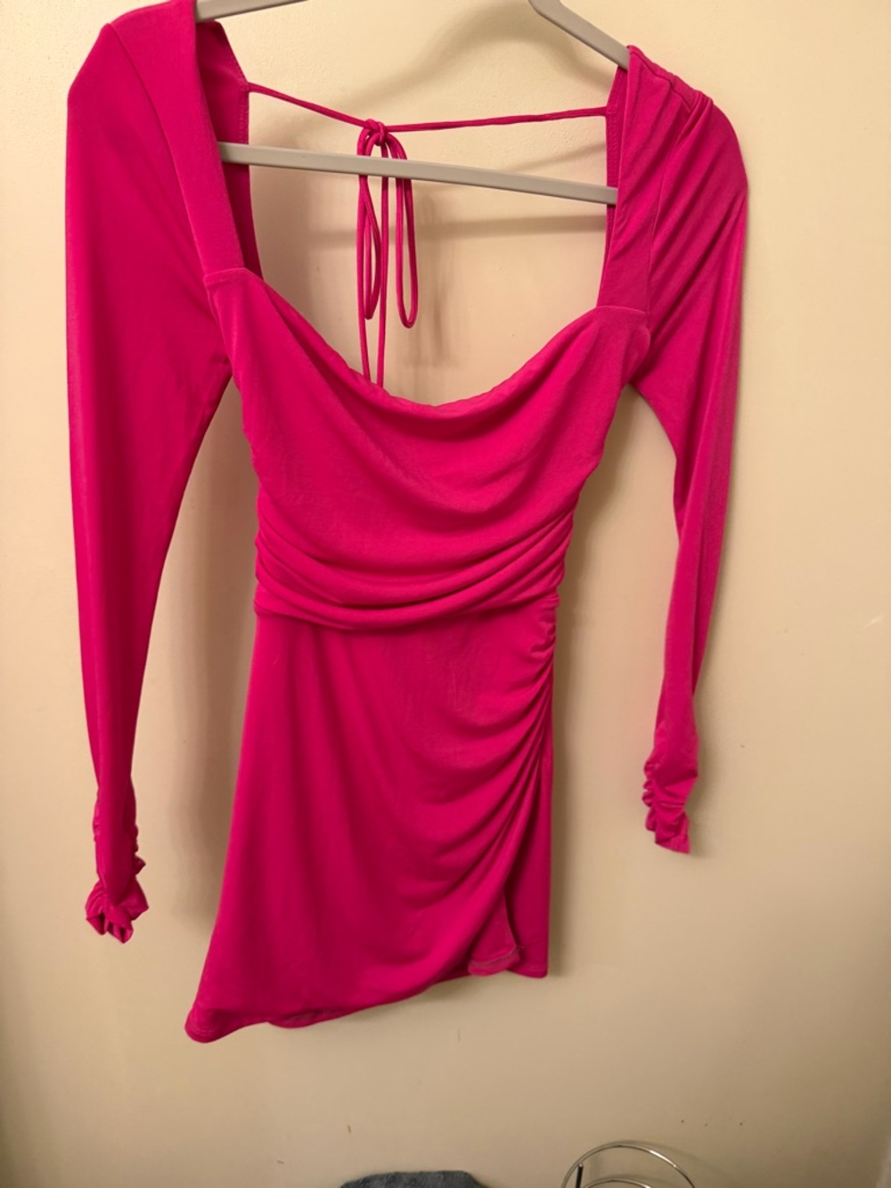 Bright Fuchsia Draped Long Sleeve Mini Dress